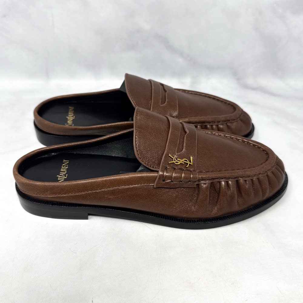 NEW Saint Laurent YSL Le Loafer Penny Mule Leather Backless Flat Shoes Brown 36 - Picture 2 of 10